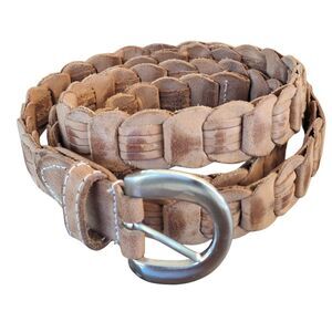 Leather Chain Link Woven Women's Belt XL Camel Tan Silver BRASS Buckle Vintage